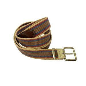 Vintage Farah USA Woven Cloth‎ Belt Size 40 Striped Brown Red Blue Gold Buckle